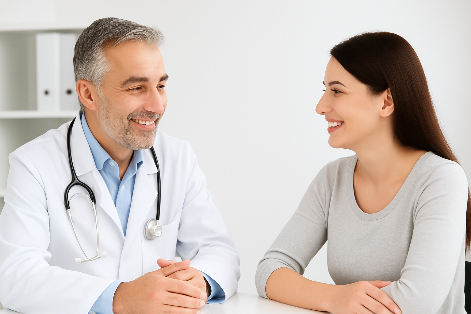 Doctor talking with patient in a bright clinic