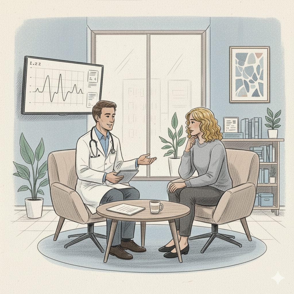 Doctor talking with patient in a bright clinic